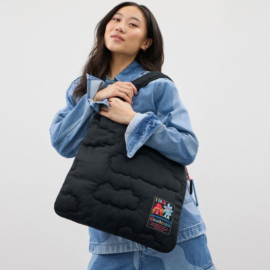 Bolso Hobo COACH Topia Loop Flat Tote With Cloud Quilting Mujer Negras | LFBDSR-482