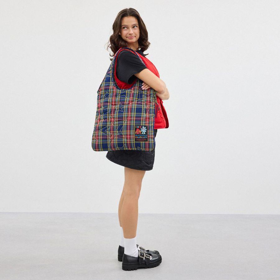 Bolso Hobo COACH Topia Loop Flat Tote With Plaid Star Quilting Mujer Azules | EOJDMB-031