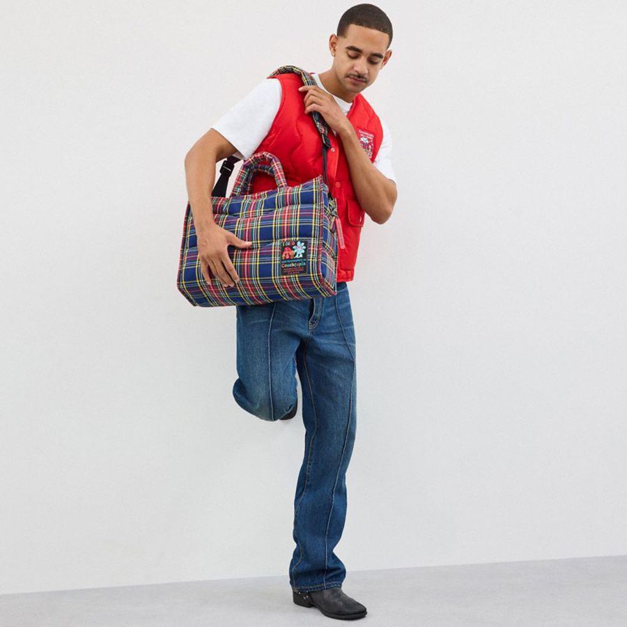 Bolso Tote COACH Topia Loop Tote With Plaid Quilting Mujer Azules | AQKWIC-204
