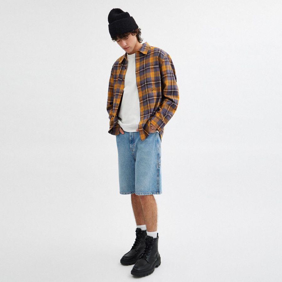 Camisa COACH Plaid Button Down Hombre Marrones | QFCVKG-784