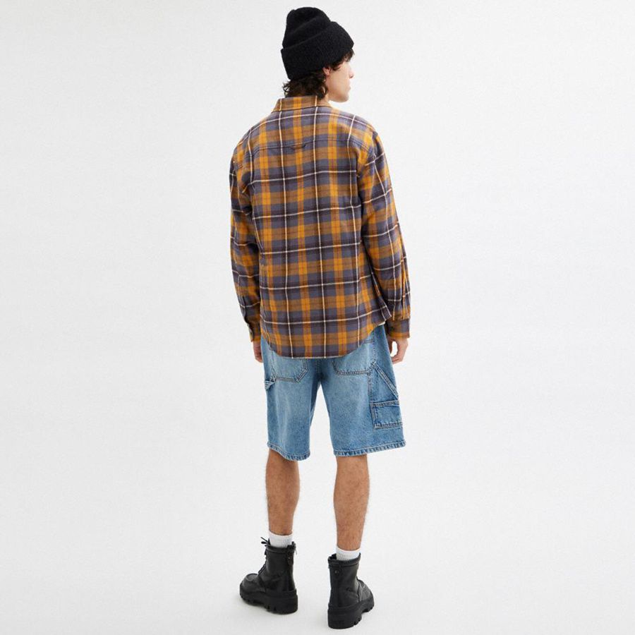 Camisa COACH Plaid Button Down Hombre Marrones | QFCVKG-784
