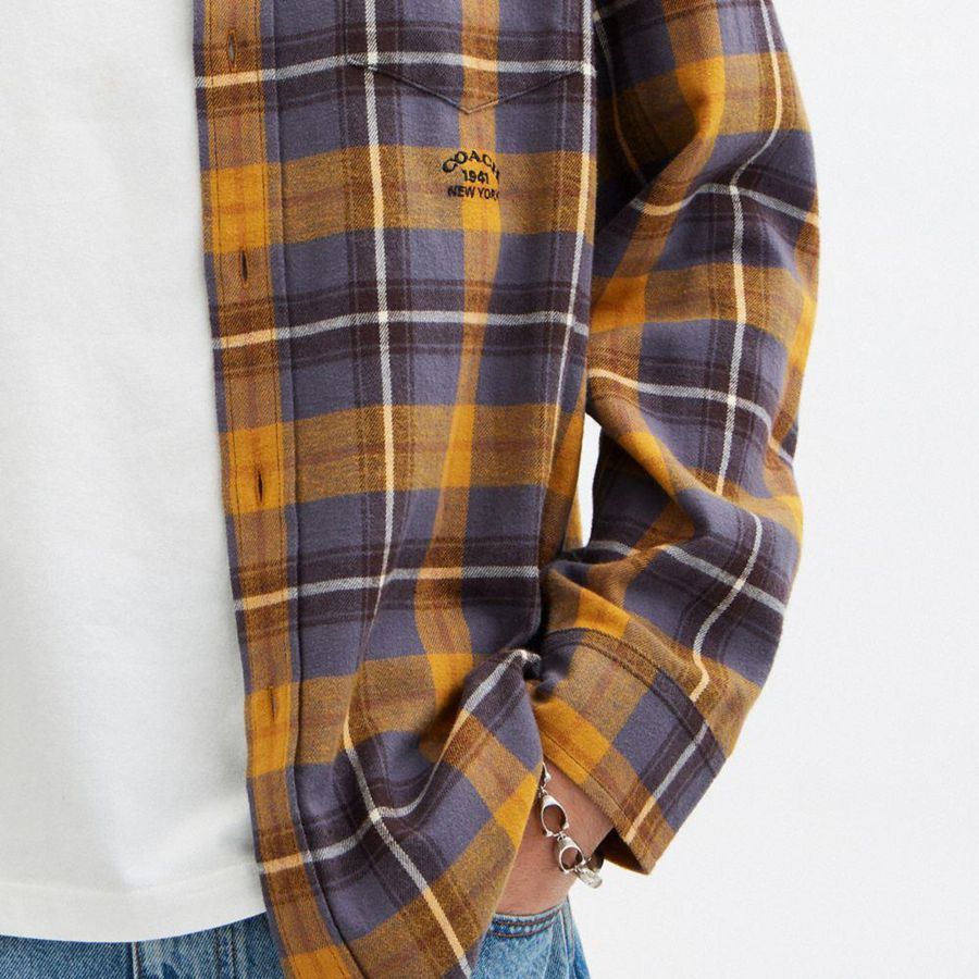 Camisa COACH Plaid Button Down Hombre Marrones | QFCVKG-784
