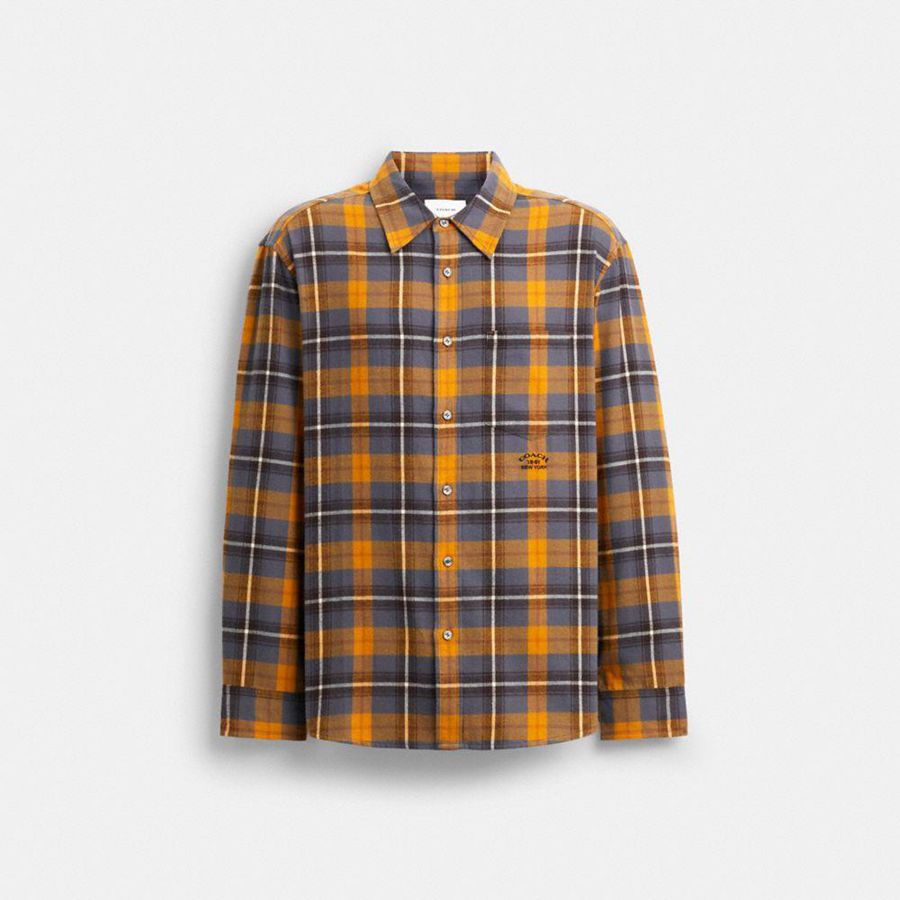 Camisa COACH Plaid Button Down Hombre Marrones | QFCVKG-784