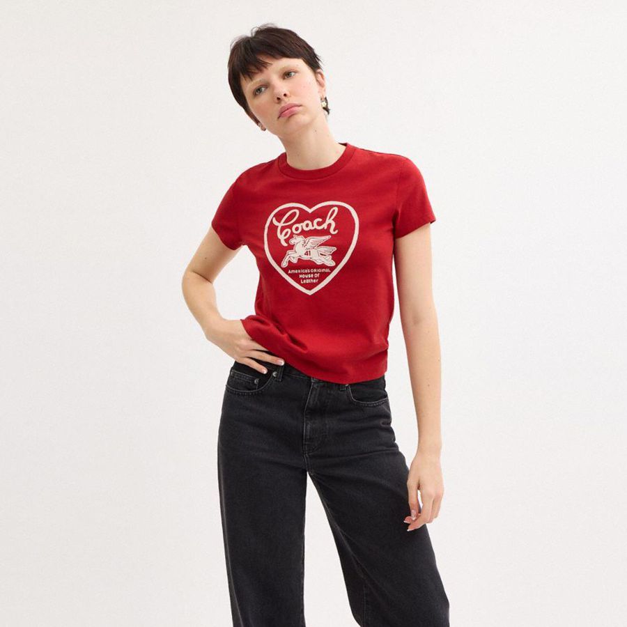 Camiseta COACH 90 S Heart In Organic Cotton Mujer Rojas | KHFGQV-192
