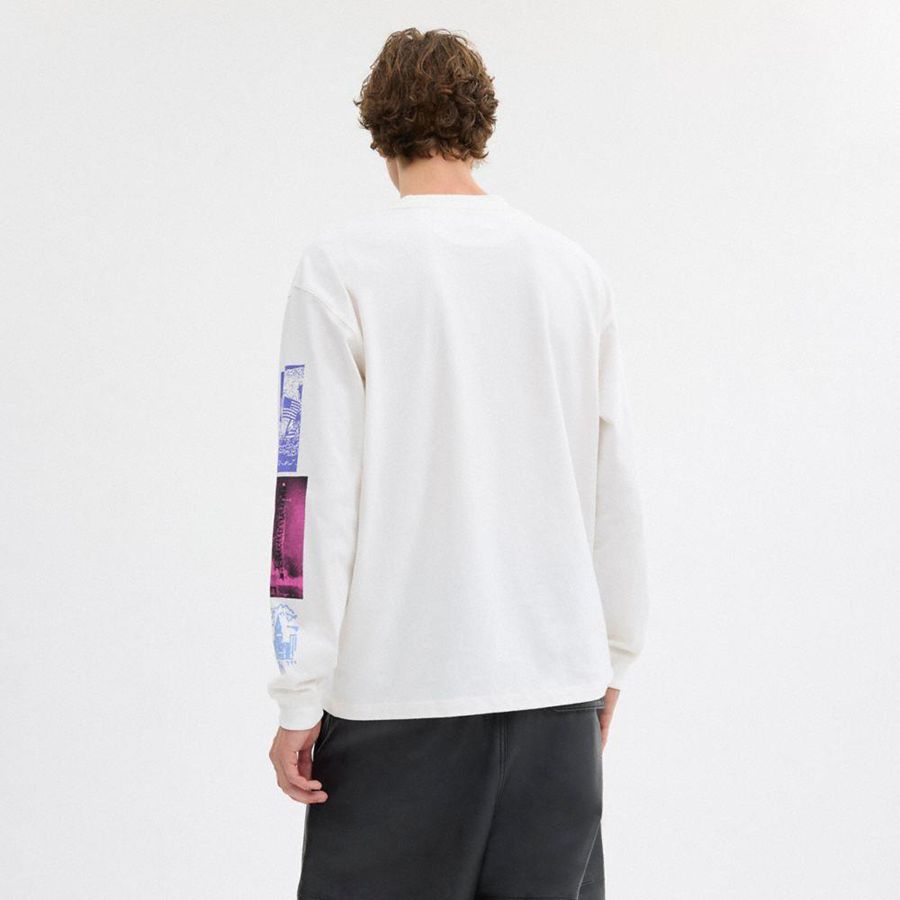 Camiseta COACH Graphic Long Sleeve In Organic Cotton Hombre Blancas | JUIQOH-678