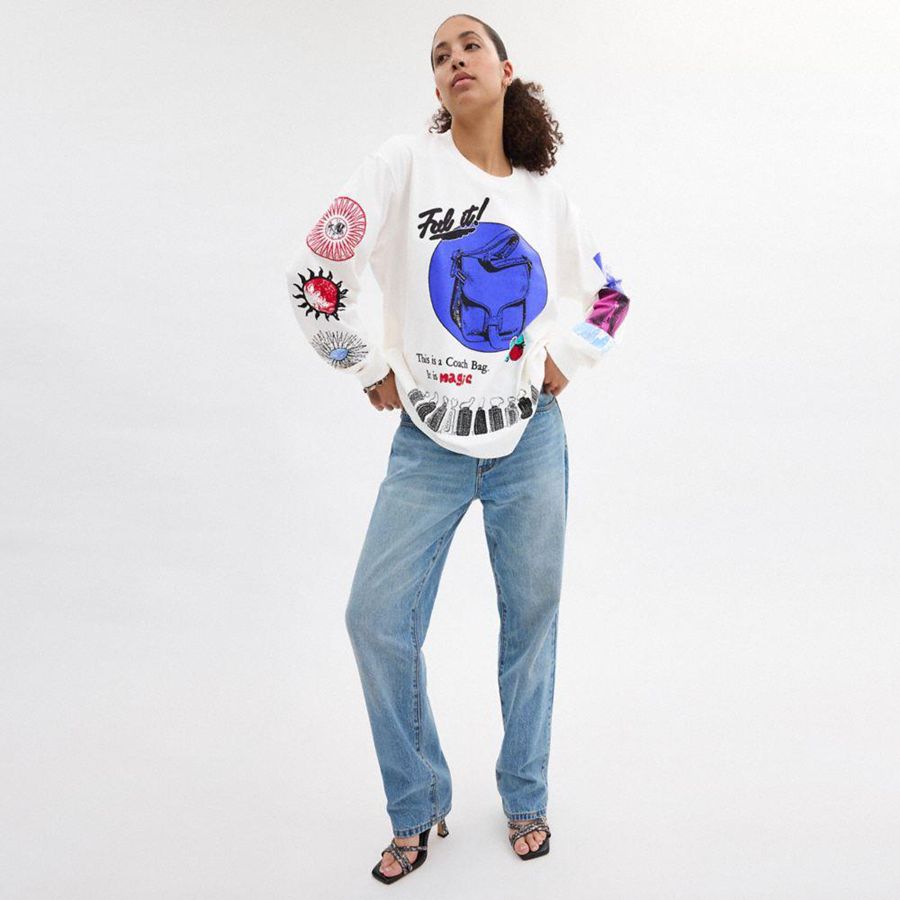 Camiseta COACH Graphic Long Sleeve In Organic Cotton Hombre Blancas | JUIQOH-678