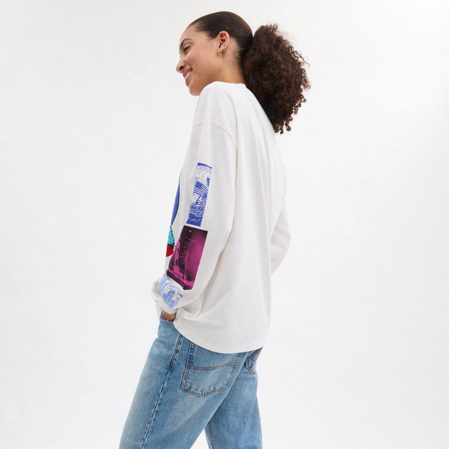 Camiseta COACH Graphic Long Sleeve In Organic Cotton Hombre Blancas | JUIQOH-678