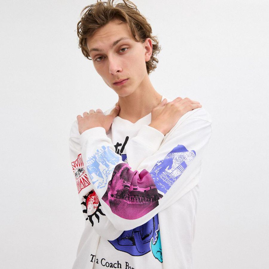 Camiseta COACH Graphic Long Sleeve In Organic Cotton Hombre Blancas | JUIQOH-678