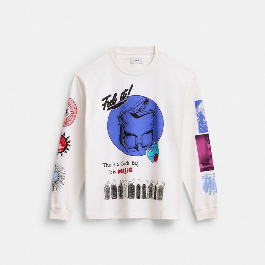 Camiseta COACH Graphic Long Sleeve In Organic Cotton Hombre Blancas | JUIQOH-678