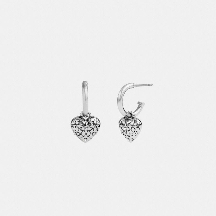 Joyería COACH Quilted Signature Heart Huggie Earrings Mujer Plateadas | NKLQFS-176