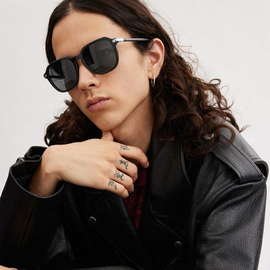 Lentes de Sol COACH Wrap Around Hangtag Keyhole Hombre Negras | WEZULQ-096
